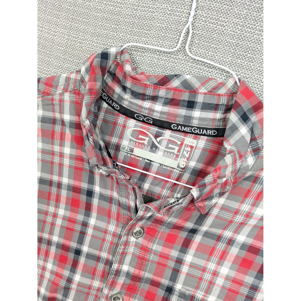 GameGuard Shirt Mens XL Red Gray Plaid Short Sleeve Fishing Button Up Outdoor